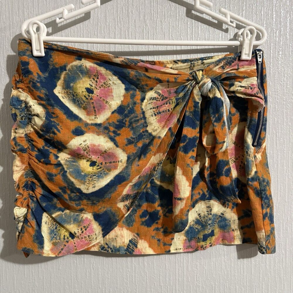 Free People Sweet As Beach Tie Dye Mini Skirt Orange Blue Ruffle Zip Women's 6